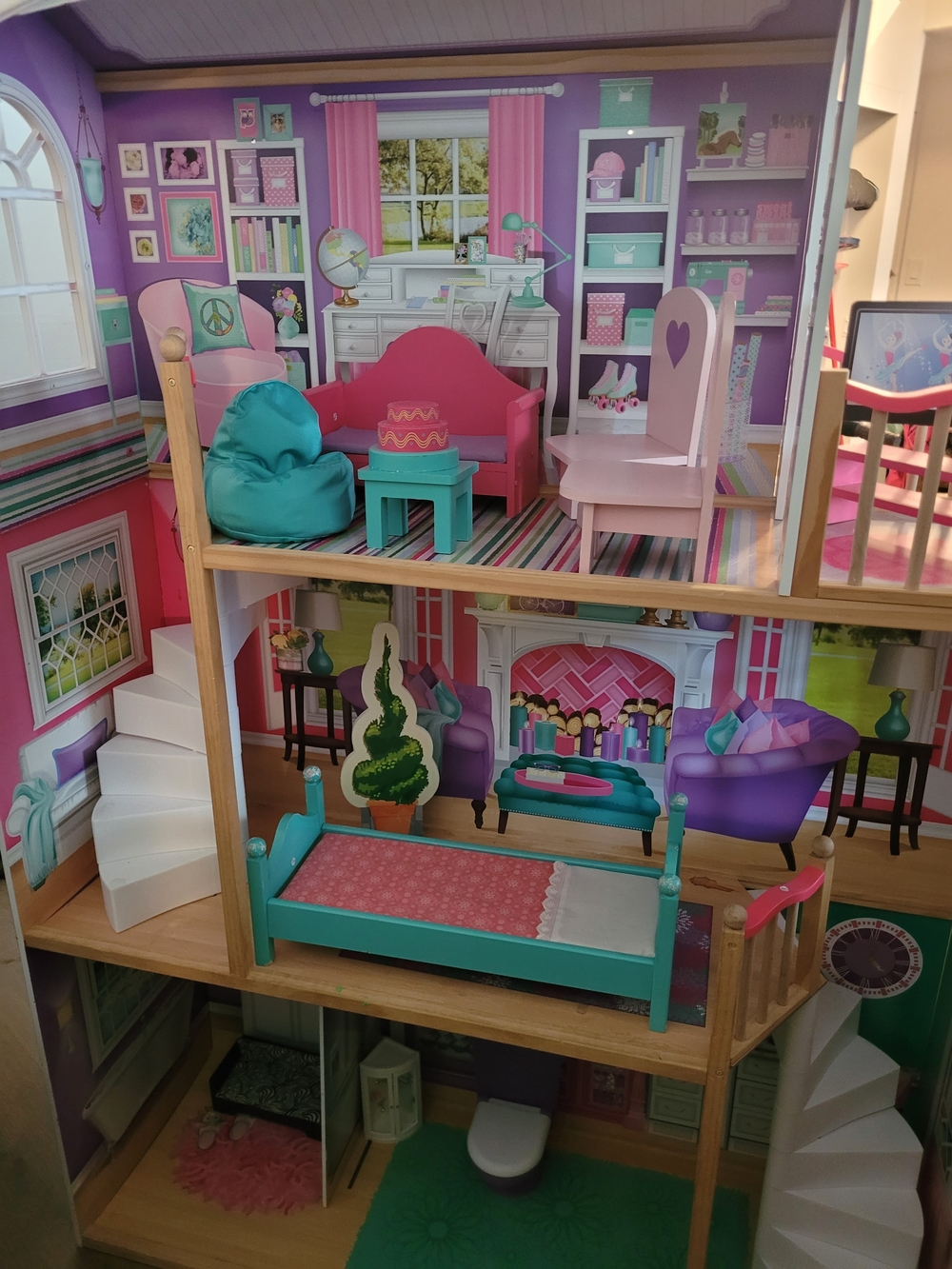Wooden Dollhouse Furniture Set - Pink, Purple & Teal